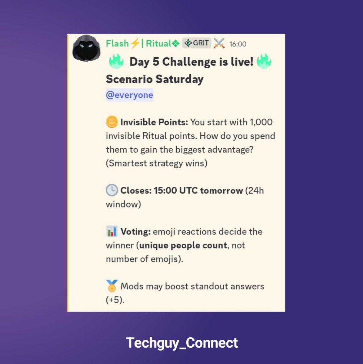 Techguy_connect's tweet image. ◈ Opportunity to get Ritualist role in @ritualnet discord

Ritualnet is running a &quot;21 Days of Prompts&quot;, each day admin will post a new challenge and users need to post answer in the channel.

Top 3 most reacted answers are crowned daily winners then after 21 days, most reacted…