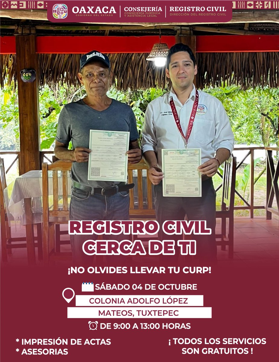 RegCivil_GobOax's tweet photo. ¡Estamos Cerca de Ti! 
Este 4 de octubre el #RegistroCivilCercaDeTi llegará a tu comunidad.
👨‍👩‍👧‍👦 Podrás realizar trámites de actas y recibir asesorías totalmente gratuitas.
Porque en la #PrimaveraOaxaqueñaFlorece la identidad es un derecho de todas y todos. 🌸 https://t.co/ernvpM95xp