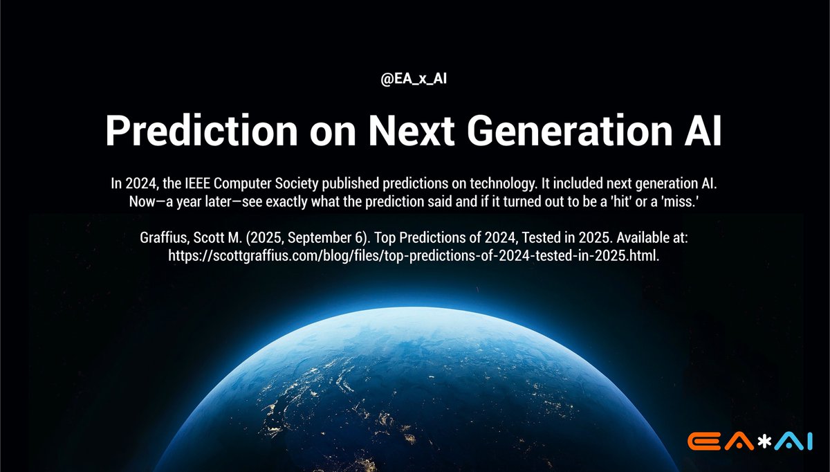 EA_x_AI's tweet photo. Prediction on Next Generation AI
In 2024, the IEEE Computer Society published predictions on technology. It included #NextGenerationAI. Now—a year later—see exactly what the prediction said and if it turned out to be a 'hit' or a 'miss.’
🔗 https://t.co/iwPYlxvUE7 https://t.co/ijvKeEPhBZ