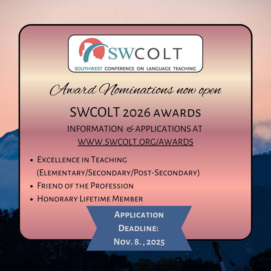SWCOLT (@swcoltorg) on Twitter photo Nominate a deserving WL colleague today for a SWCOLT award. Info and form at swcolt.org Deadline: Nov. 8 <a href="/jraught/">Jocelyn D Raught</a> <a href="/ofltaok/">OFLTA Oklahoma</a> <a href="/CCFLT/">CCFLT Information</a> <a href="/AATSPglobal/">AATSP</a> <a href="/actfl/">ACTFL</a> <a href="/AATGOnline/">AATG</a> <a href="/langchatPLN/">#LangChat RELAUNCH</a> Nominate a deserving WL colleague today for a SWCOLT award. Info and form at swcolt.org Deadline: Nov. 8 <a href="/jraught/">Jocelyn D Raught</a> <a href="/ofltaok/">OFLTA Oklahoma</a> <a href="/CCFLT/">CCFLT Information</a> <a href="/AATSPglobal/">AATSP</a> <a href="/actfl/">ACTFL</a> <a href="/AATGOnline/">AATG</a> <a href="/langchatPLN/">#LangChat RELAUNCH</a>