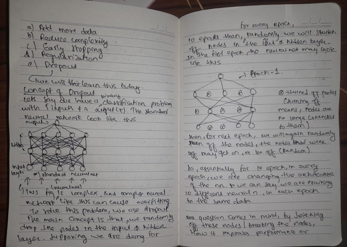 Dipson_kadariya's tweet photo. #LUD6
Day 06 :Concept Covered
๐น Early Stopping โ prevent overfitting
๐น Data Scaling โ faster convergence
๐น Dropout โ randomly drops nodes, solves overfitting
๐น Analogy: like Random Forest, neurons learn independently
@learning_utsav
#LearningUtsav2025 #DeepLearning #Day6 https://t.co/CZn1J01qgm