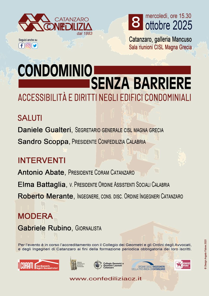 🏢 CONDOMINIO SENZA BARRIERE🚪
Accessibilità, diritti e soluzioni per edifici davvero aperti a tutti ♿
Mercoledì 8 ottobre 2025, ore 15.30, a Catanzaro, un incontro dedicato al tema dell’eliminazione delle barriere architettoniche nei condomìni.