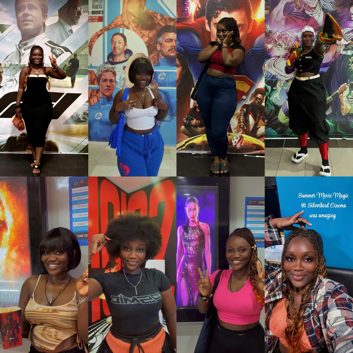 My favorite 2025 cinema looks 🥰🎥🍿

F1: the movie 
The Fantastic four: first steps 
Superman 
Demon slayer: infinity castle 
Final destination: bloodlines 
Mission: impossible - the final reckoning 
Ballerina 
Summer movie magic <a href="/SilverbirdGhana/">Silverbird Cinemas Ghana</a>