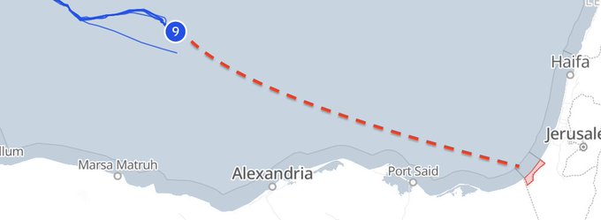 A map showing a maritime route marked by a blue line and a red dashed line, extending from the Mediterranean Sea toward Gaza. A blue number "9" is visible on the route. Cities like Alexandria, Port Said, Haifa, and Jerusalem are labeled along the coastline.