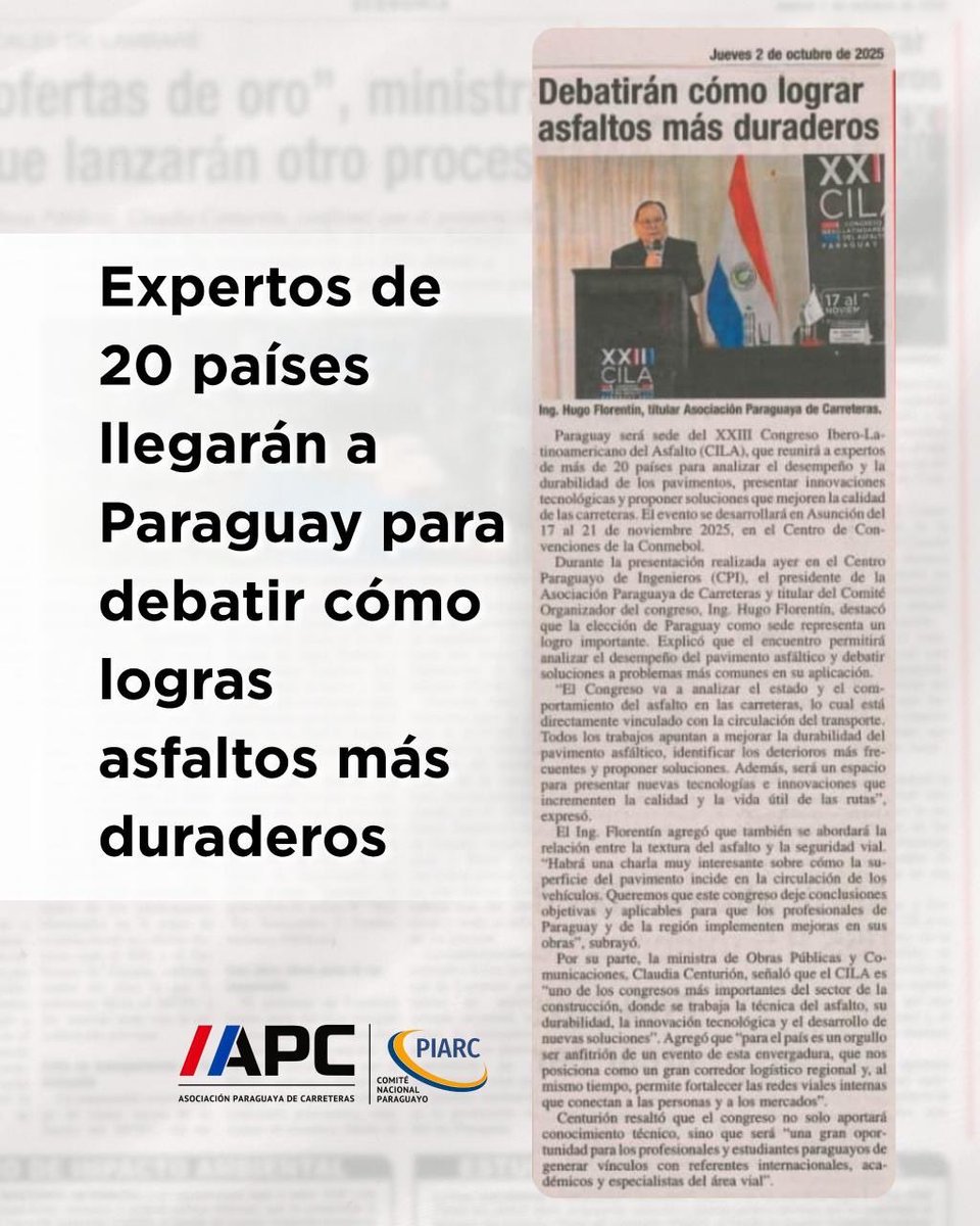 apc_py's tweet image. 🇵🇾 Desde la APC, anfitriona del #XXIIICILA, celebramos la presentación oficial del Congreso que reunirá a expertos de más de 20 países para debatir innovación y desarrollo vial.
#CILA2025 #SomosAPC #IngenieríaVial