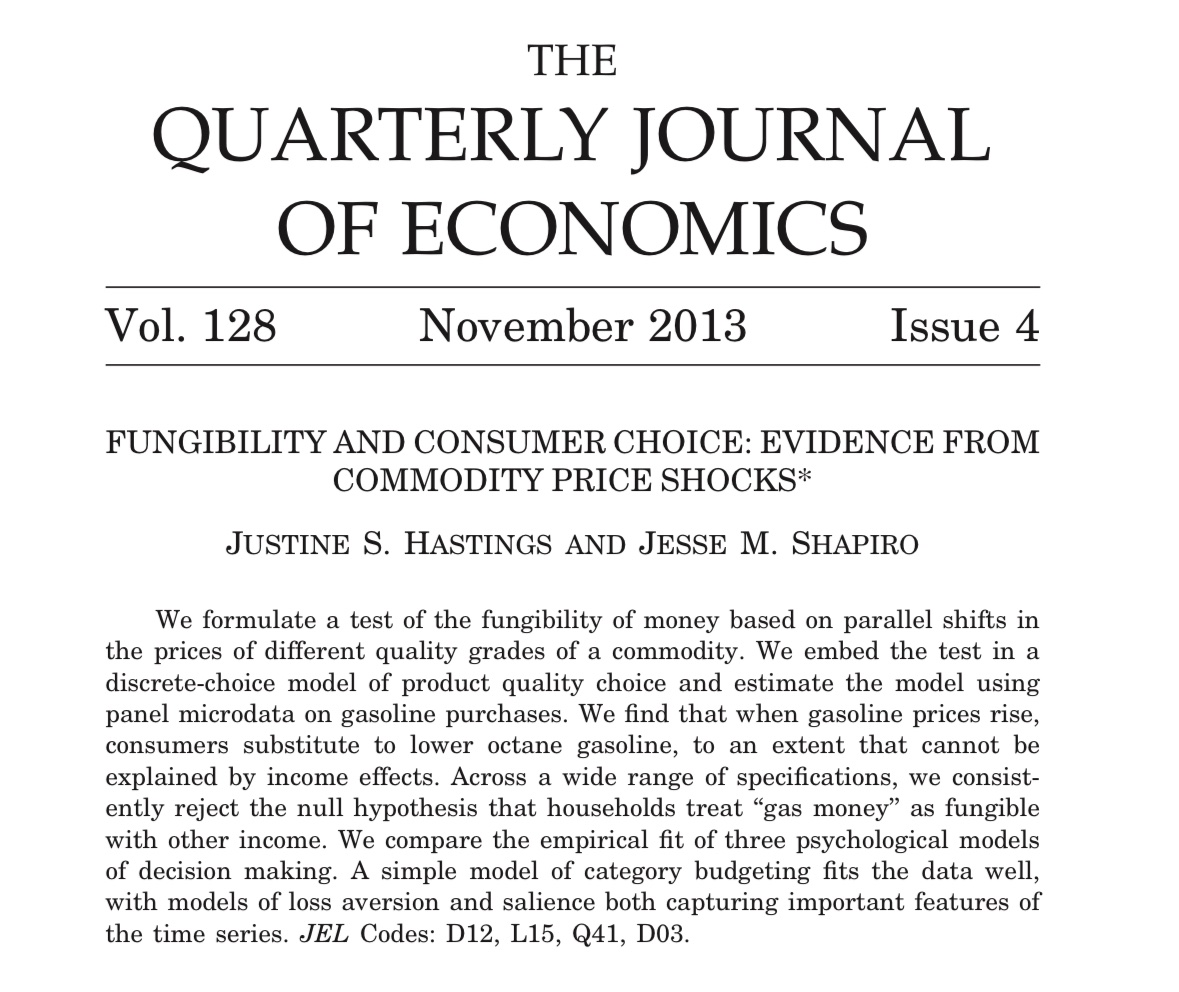 captgouda24's tweet image. One of the genuinely important developments from behavioral economics is the idea of “mental accounting” — people designate income for some purpose, and don’t switch from purpose to purpose. This leads to seemingly bizarre behavior, such as purchasing more gas during a recession!