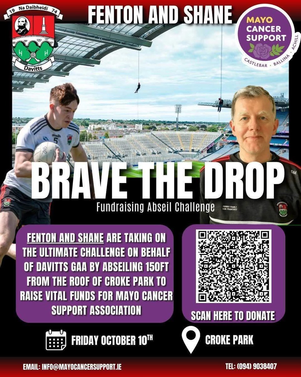 Just a week to go before Fenton and Shane abseil in Croke Park to raise money for Mayo Cancer Support. Use the following link if you wish to donate to this wonderful cause. All contributions would be greatly appreciated....
eventmaster.ie/fundraising/Br…