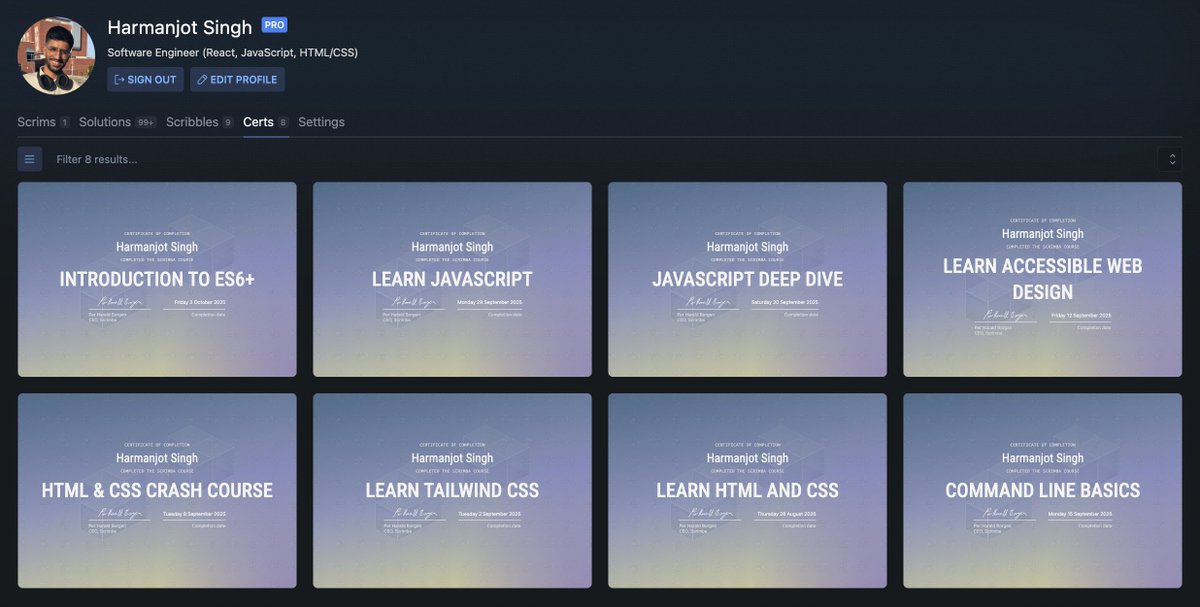 codeharmann's tweet image. 😭 One step closer to achieving my goal of getting hired at MAANG
8 under the belt, 58 more to go from Scrimba
1 from HackerRank
Built 12 small, simple projects
#hackerrank #softwareengineering #buildinpublic #100DaysofCode #scrimba #coding #csstudent #dsa #datastructures