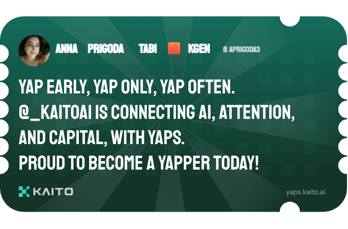 APrigoda3's tweet photo. Yap early, yap only, yap often.

@KaitoAI is connecting AI, attention and capital with Yaps.

Just claimed my social card and I'm accumulating Yap points in real-time.

Claim yours 👉 https://t.co/uDeonQHGF0 https://t.co/RUcaqVkSlI