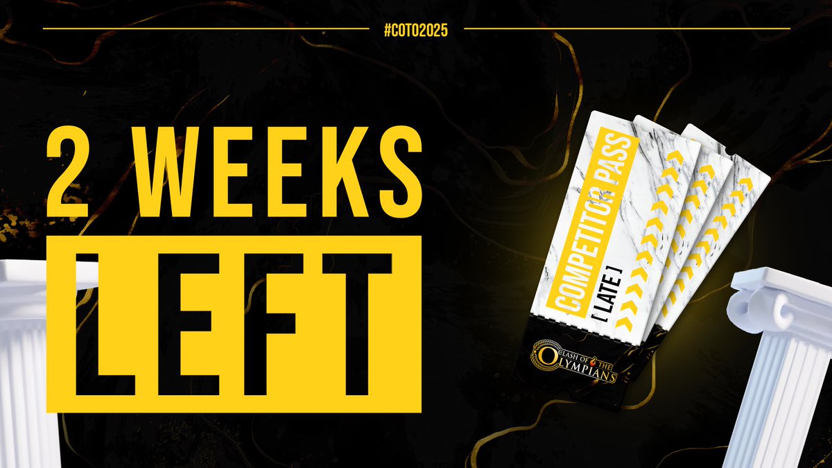 ClashOfTheOlympians (@cotolympians) on Twitter photo 📢SPECIAL REGISTRATION‼️
2 Weeks left to register for the late Competitor Pass!   
60€ to register! 
REGISTER NOW!           
START.GG/COTO2025 
#COTO2025 📢SPECIAL REGISTRATION‼️
2 Weeks left to register for the late Competitor Pass!   
60€ to register! 
REGISTER NOW!           
START.GG/COTO2025 
#COTO2025