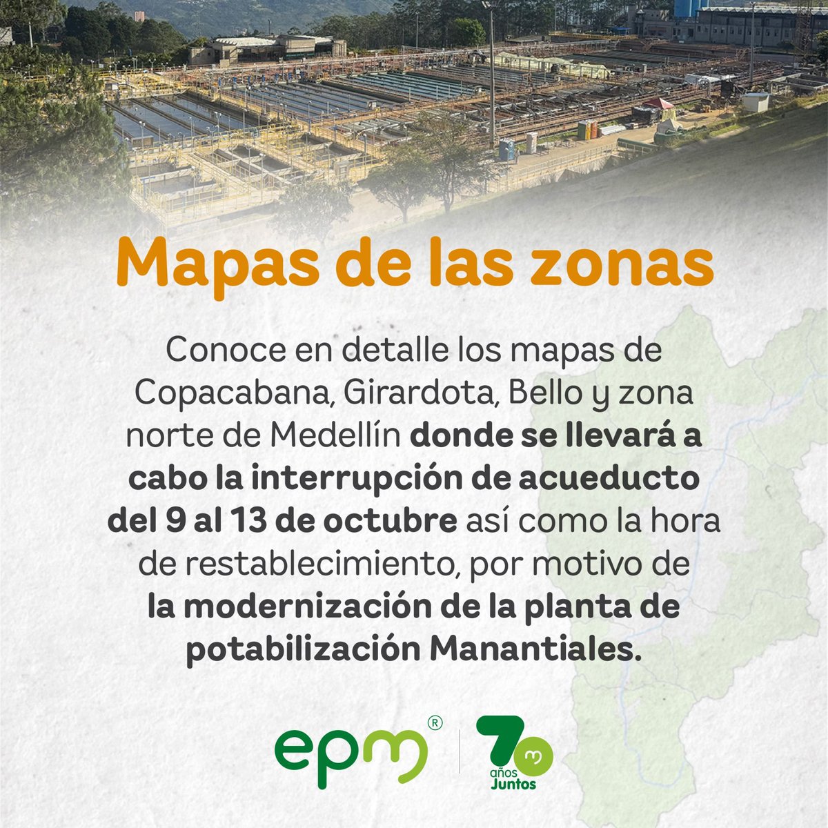 EPMestamosahi's tweet photo. 💧 En EPM trabajamos para seguir llevándote agua de calidad a tu hogar.
 Por motivo de la modernización de la planta de potabilización Manantiales, realizaremos una interrupción de acueducto programada entre el 9 y el 13 de octubre en sectores del norte del Valle de Aburrá.
📍 Aquí podrás consultar en detalle los mapas de las zonas y los horarios establecidos: https://t.co/myfStgpkKp
👉 Te invitamos a compartir esta información con tu comunidad para que todos estén informados y puedan programarse con anticipación.