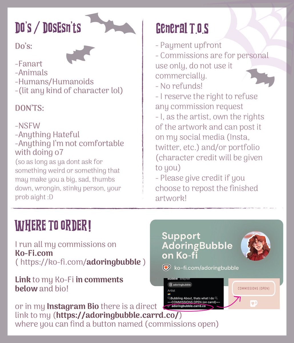 HALLOWEEN COMMISSIONS! 
-
Dress your favorite characters in classic halloween costumes!
-
. ko-fi.com/adoringbubble
-
#commissionsopen #Halloween #commissions
