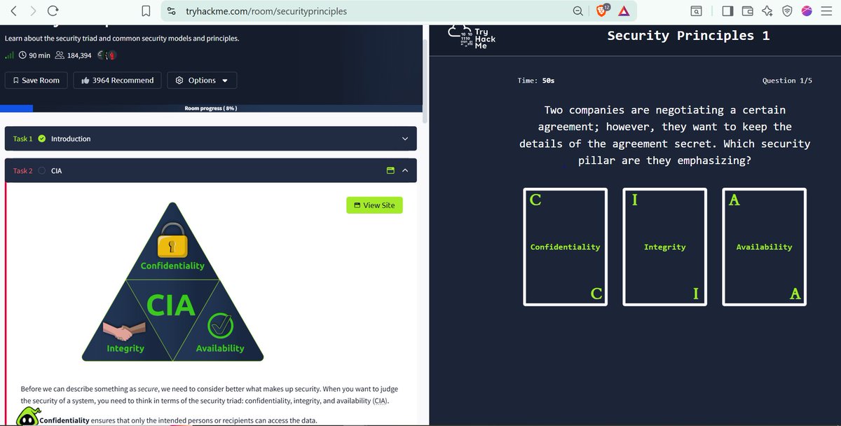 its_cookiees's tweet photo. Today I learned about Security Principles ,CIA triad and completed a room in TryHackme.
#LUD7 #LearningUtsav2025 #FestivalOfLearning https://t.co/Cgy6iE5LAe