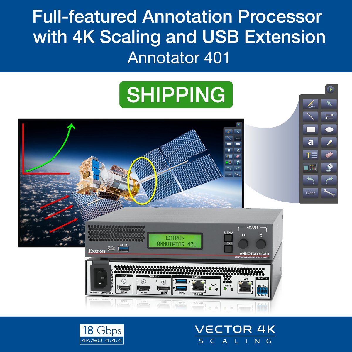 Extron's tweet image. Need to present like a pro?
Our Annotator 401 supports powerful, real-time annotation of 4K/60 4:4:4 content. It features Vector™ 4K scaling, dual HDMI outputs, USB extension, and much more. The intuitive on-screen menu and easy-to-use tools enable you to draw, point, or type…