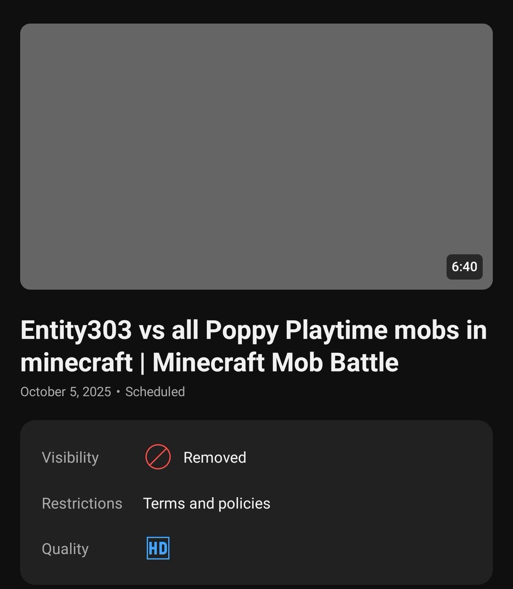 CloudAddon's tweet photo. Hi @TeamYouTube, my Minecraft video “Entity 303 vs All Poppy playtime” was removed for adult content. It’s just a game battle, nothing sexual or explicit. I didn’t get the option to appeal manually — can you review it again? https://t.co/5qYhigS4GK