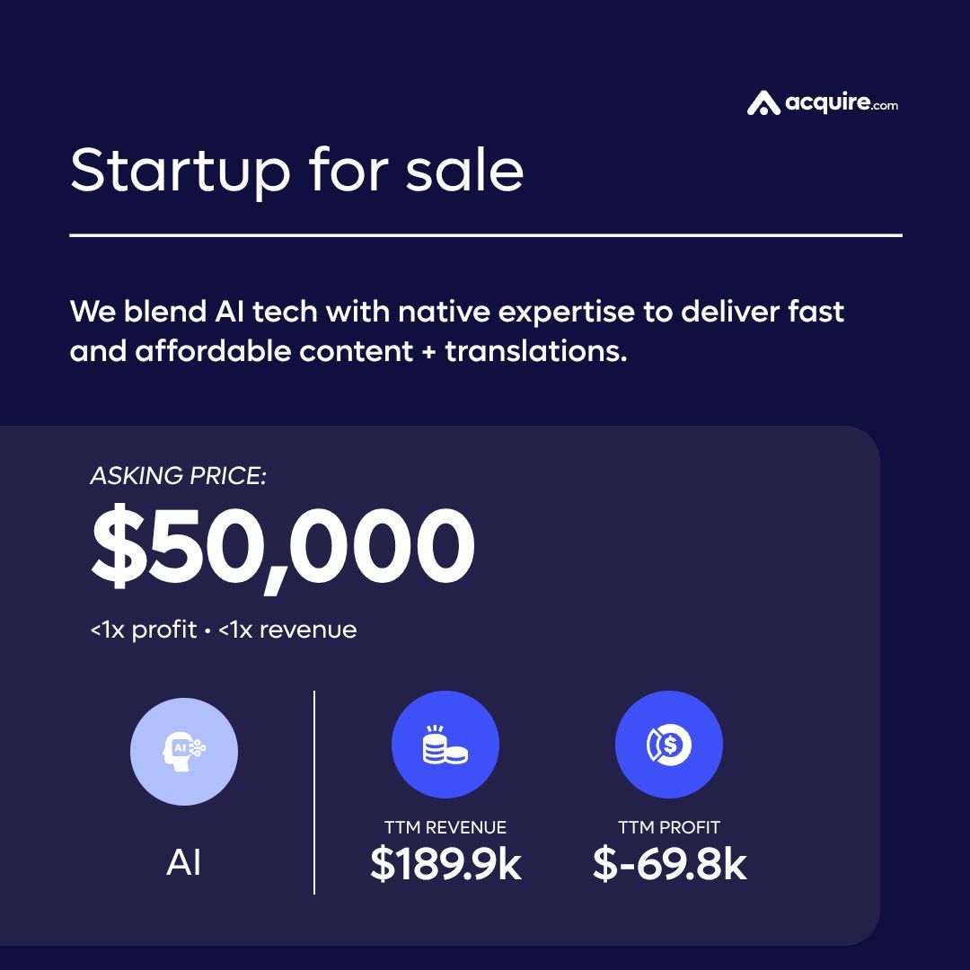 🔥 New Startup Listed 🔥 AI| We blend AI tech with native expertise to  deliver fast and affordable content + translations | $190k TTM revenue  Asking Price: $50k Contact the seller here: