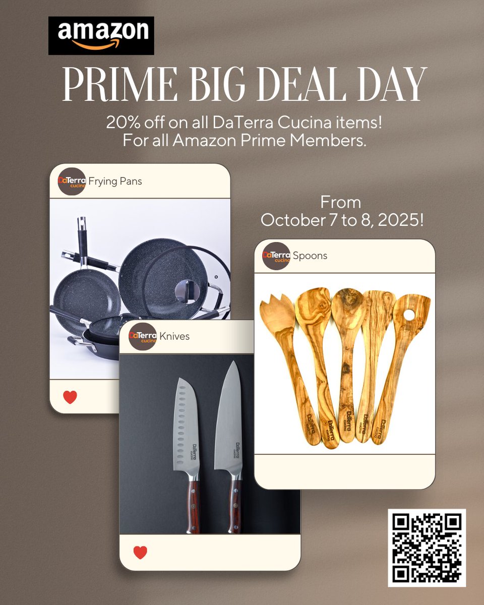 DaTerraCucina's tweet image. Amazon Prime Big Deal Days starts tomorrow!

From October 7 to 8, get ready for up to 20% OFF our most-loved, non-toxic, naturally non-stick cookware!
#DaTerraCucina #PrimeBigDealDay #NonToxicCookware #KitchenUpgrade #HealthyCooking #CeramicNonStick #PrimeDeals #AmazonFinds