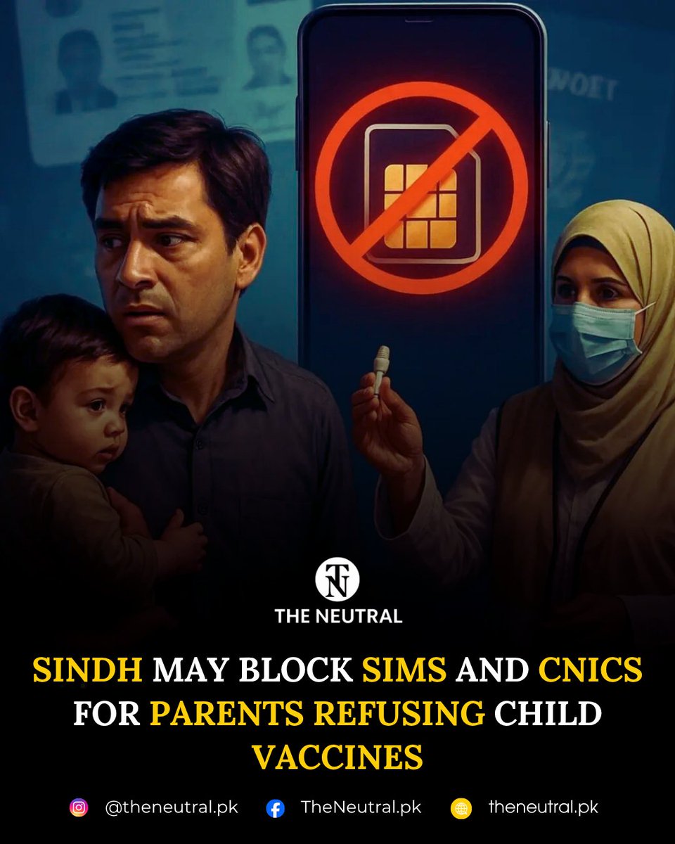 TNeutralpk68070's tweet photo. Sindh May Block SIMs And CNICs For Parents Refusing Child Vaccines
Read more:https://t.co/bJBwbq3mKX
#theneutral #Sindh #PolioVaccination #ChildHealth #VaccineAwareness #CNIC #SIMBlock #HealthNews #PublicSafety #PakistanNews https://t.co/NAcn8Xxj4U