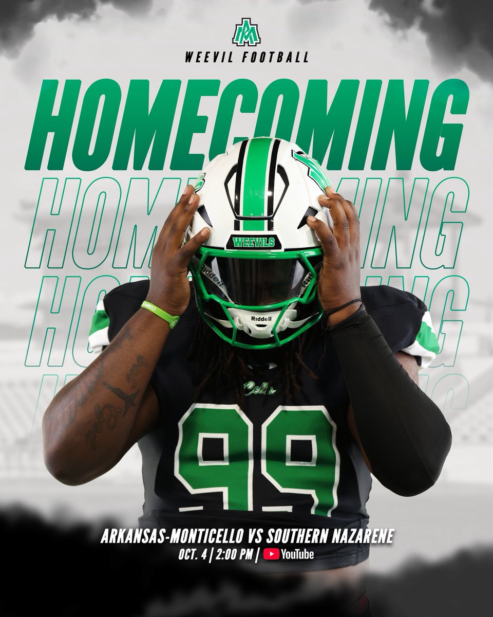 HOMECOMING GAME! 🏈

🆚: Southern Nazarene
⌚️: 2:00 PM
🏟️: Willis "Convoy" Leslie Cotton Boll Stadium
📰: bit.ly/4gTfGRT
📺: youtube.com/WeevilNation
📊: uamsports.com/coverage
🎙️: 93.7 KHBM

#Eatemup | #Raisethebar