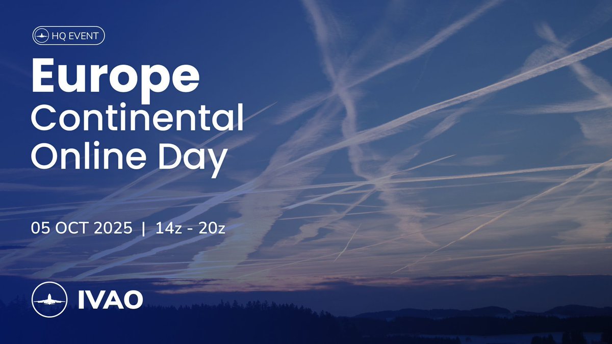 🌍 Europe Continental Online Day is back — tomorrow! 🇪🇺
Get ready for 6 hours of high-traffic skies, full ATC, and the best of IVAO Europe.

🗓️ 05 OCT | ⏰ 14z–20z
✈️ Join us and experience the spirit of European aviation! 💙

#IVAO #IVAOEvents #EuropeCOD
