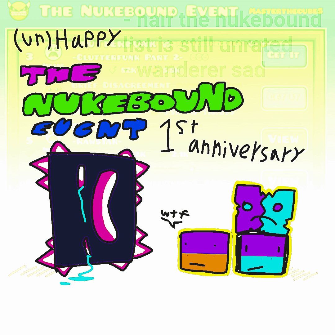 It's been a year since The Nukebound Event released.

Im honestly not that happy for it, this project didn't have enough reach, got released unfinished and only 4 out of 8 levels got rated.

I would like to re-do all of it, but its still too early to think on something good.
