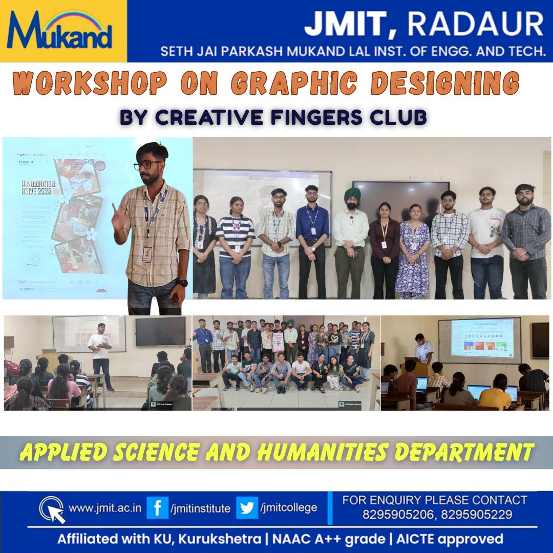 JmitCollege's tweet image. 🎨 Unleashing Creativity Through Design!

The Applied Science and Humanities Department of JMIT, Radaur organized an engaging Workshop on Graphic Designing by the Creative Fingers Club.

#graphicdesign #visualcommunication #studentlife #jmitradaur #creativefingersclub