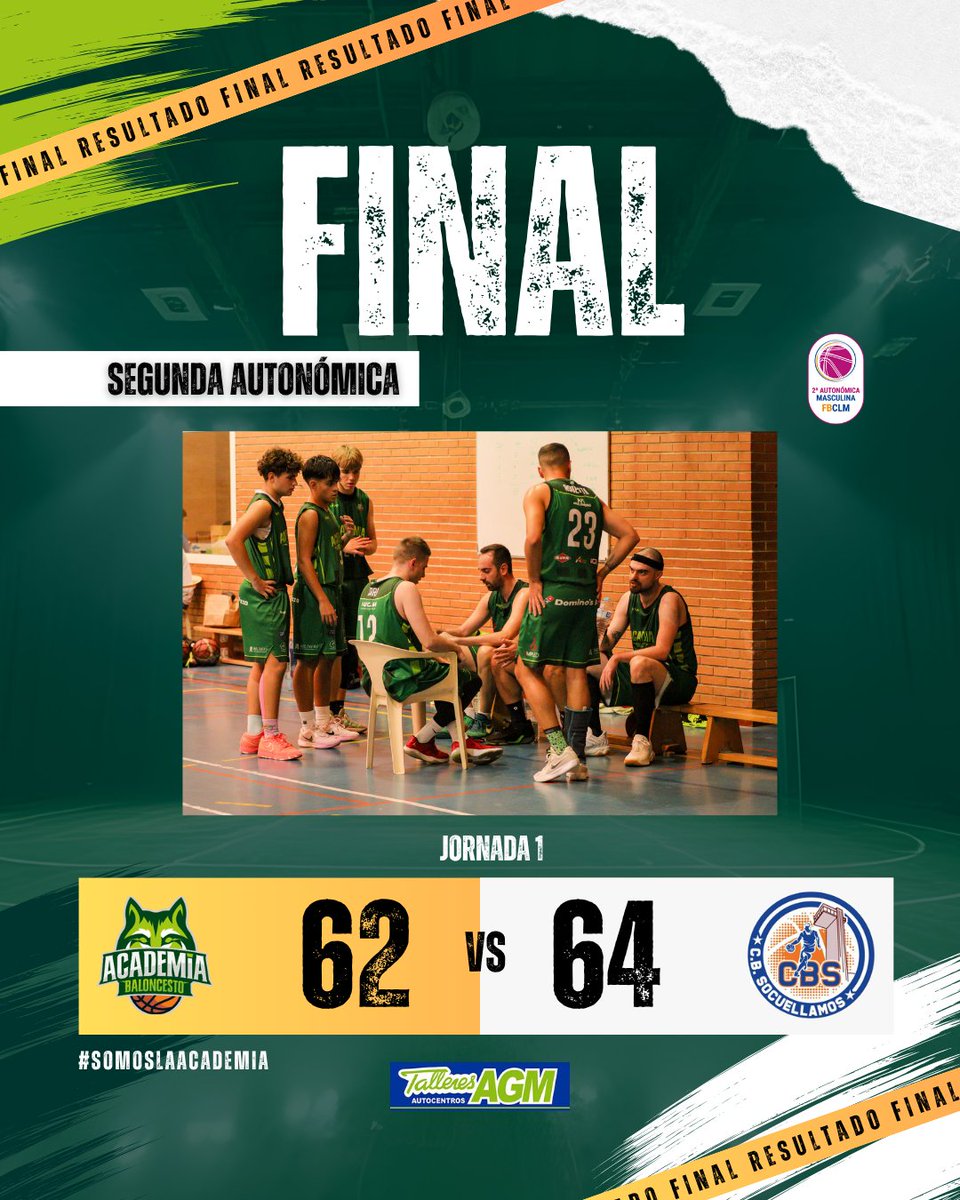 No ha podido ser.

El #talleresagm Academia Baloncesto Albacete no ha conseguido llevarse la victoria por la mínima en un enfrentamiento igualado durante todo el tiempo reglamentario.

Enhorabuena a <a href="/cbsocuellamos/">C.B.Socuellamos</a> por la victoria.

#SomosLaAcademia #VamosLinces