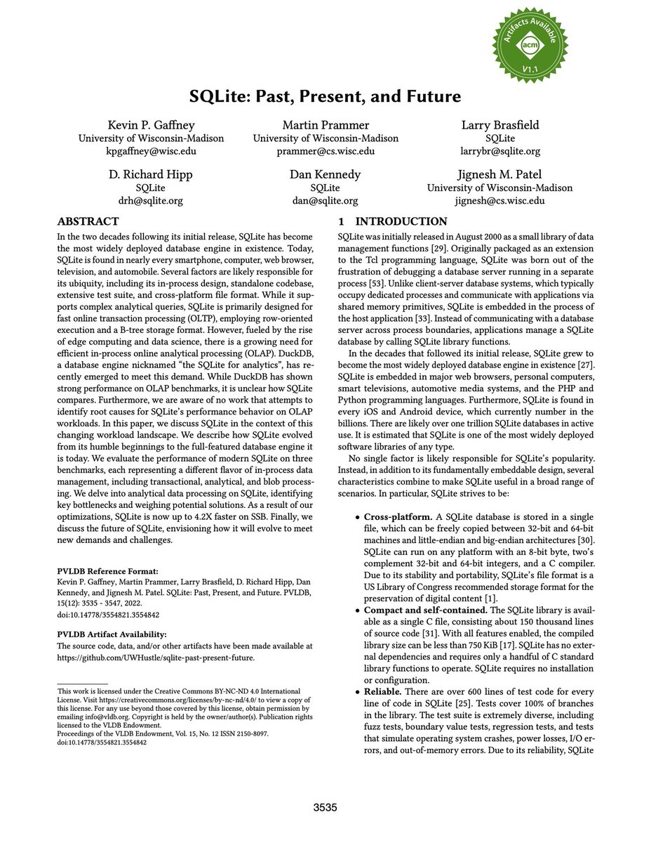 The VLDB paper "SQLite: Past, Present and Future" is an excellent deep dive into SQLite's architecture and design philosophy.

Worth reading whether you're just getting started or already shipping SQLite in production.

vldb.org/pvldb/vol15/p3…