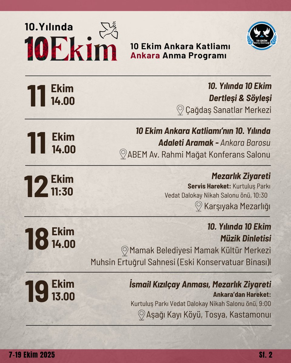10EkimDER's tweet photo. 10. Yılında #10Ekim
#10EkimAnkaraKatliamı #10Ekim2015
#SaatOnSıfırDört 
#Ankara Programı https://t.co/RoyEeRCVfr