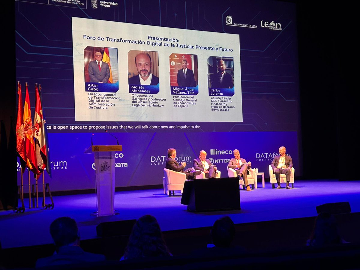 ReforCGE's tweet image. Destacada representación CGE @EconomistasOrg en #DATAfórum León 2025 del MºPJRC @justiciagob 
-Pte CGE Miguel Vázquez Taín @PresidenciaCGE  ponente mesa Foro Justicia
-Vicepta 2ª REFOR,Bárbara Pitarque, curso SEM electrónico microempresas
 Economistas colaboradores en Justicia