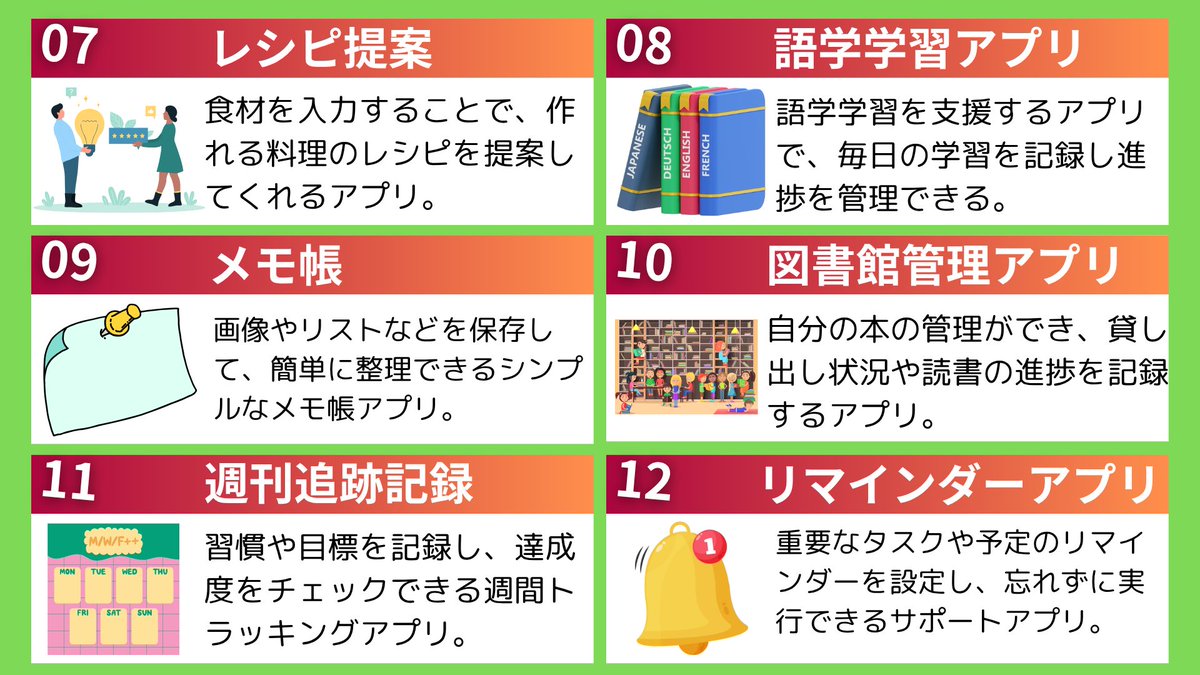 programakira's tweet image. スキルを伸ばしたい人にやってもらいたい
ステップアップで取り組める50個の個人開発テーマ