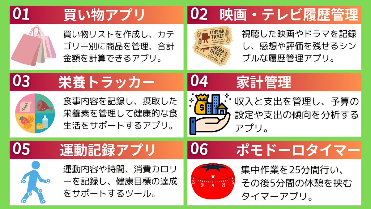 programakira's tweet image. スキルを伸ばしたい人にやってもらいたい
ステップアップで取り組める50個の個人開発テーマ