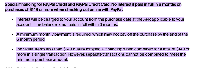 3WordTrivia's tweet image. .@PayPal 

Just spoke with your cust serv and confirmed: there is no instance where using the PayPal Credit Card gives you 6 months no interest, even online

That makes these terms a lie

There is no "checking out online with PayPal" while using the card