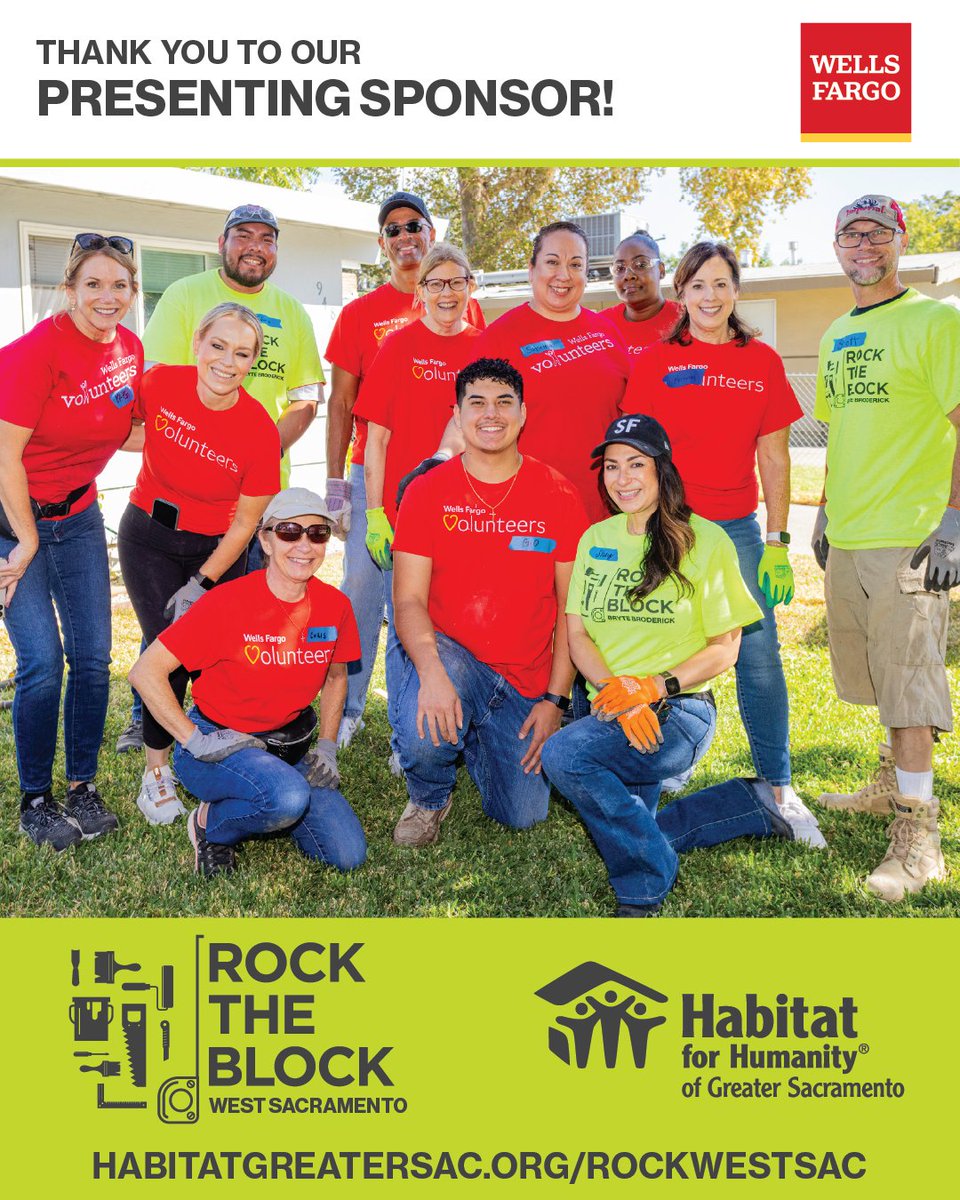 🌟 Thank you to our Rock the Block West Sacramento Sponsors! 🏡🙌 Special thanks to Presenting Sponsor <a href="/WellsFargo/">Wells Fargo</a> for leading the way to make this two-day community transformation possible—bringing neighbors together &amp; revitalizing homes! 💙

#RockTheBlock #BuildingHope