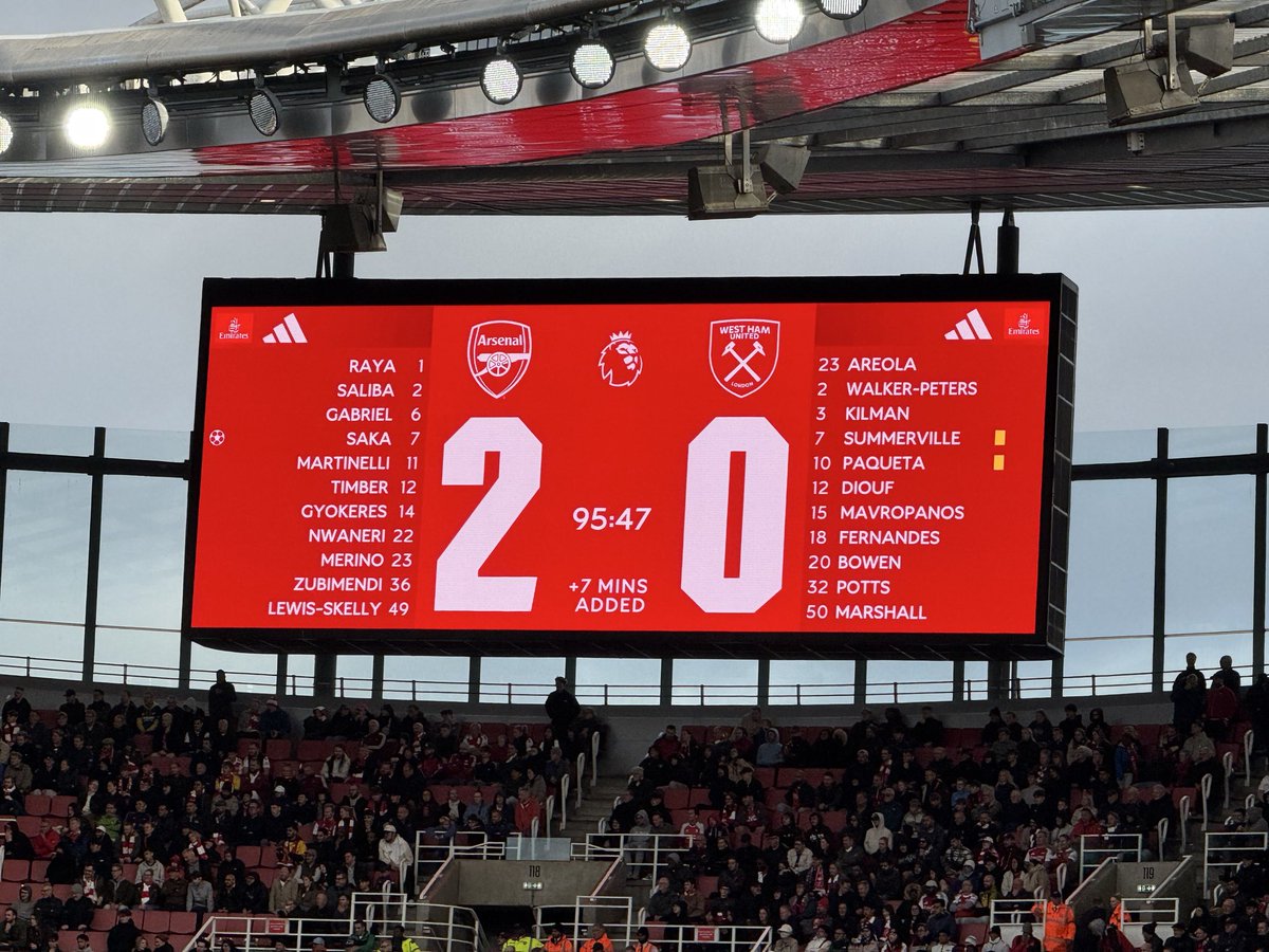 FT: Arsenal 2-0 West Ham. Dominant Gunners move to the top of the Premier League table after a comfortable win. See <a href="/M_Star_Online/">Morning Star</a> newspaper and my <a href="/SubstackInc/">Substack</a> for my take