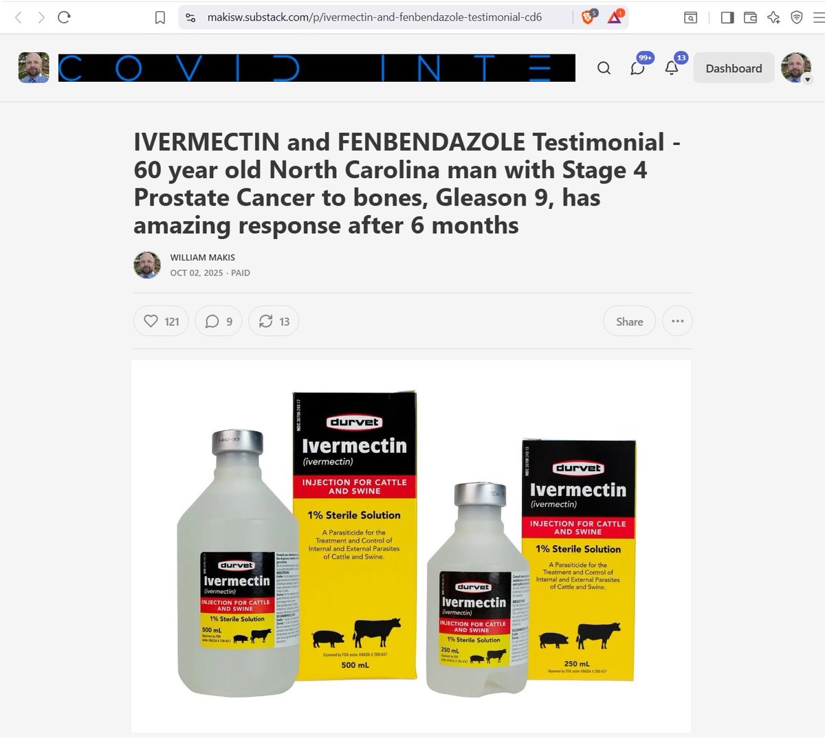 MakisMedicine's tweet image. NEW ARTICLE: IVERMECTIN and FENBENDAZOLE Testimonial - 60 year old North Carolina man with Stage 4 Prostate Cancer to bones, Gleason 9, has amazing response after 6 months!
I have wrapped up my Florida tour which means back to posting Ivermectin Cancer success stories! 😃…