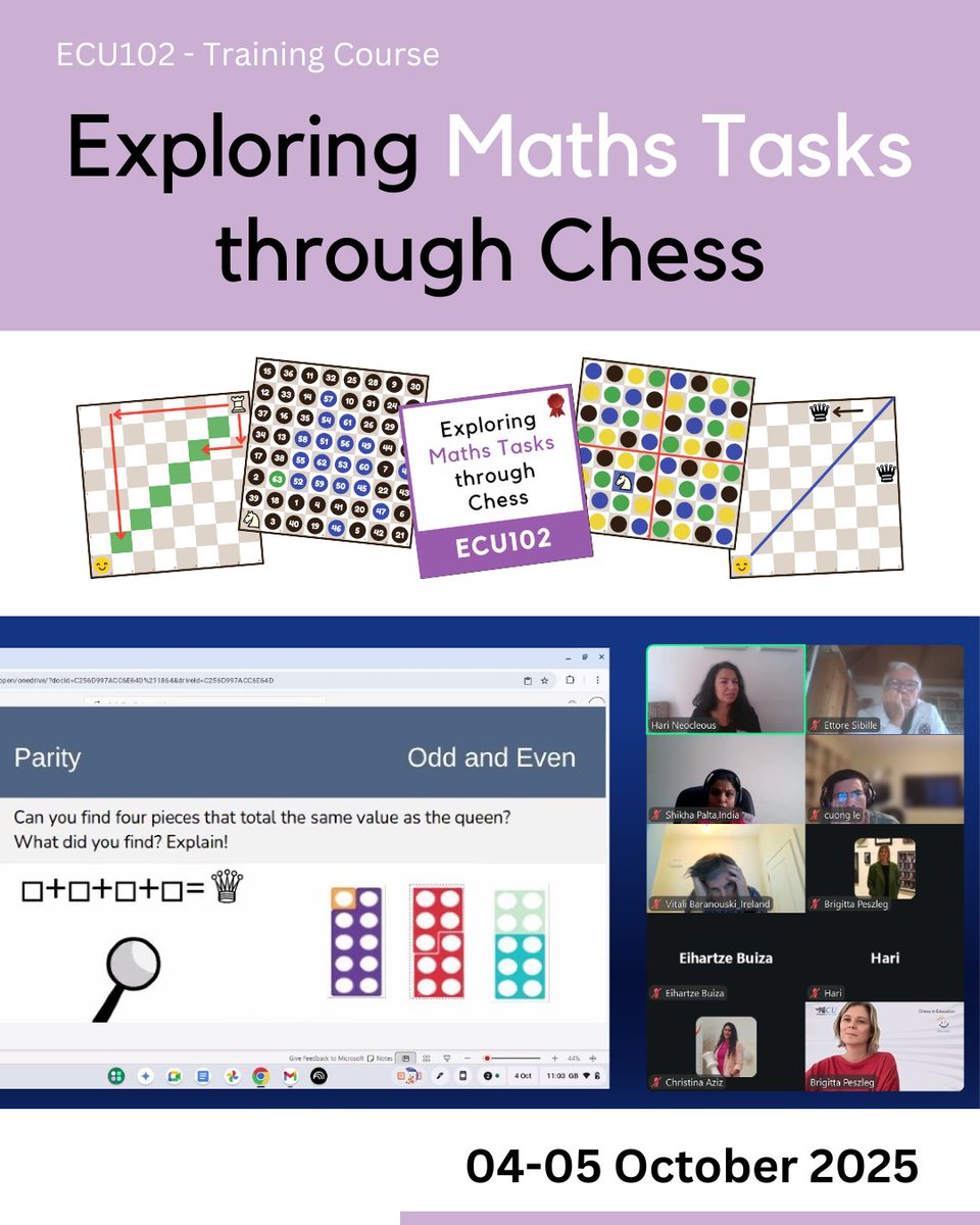 ECU_Education's tweet image. We just finished the first day of the training course with @hari_neo21. Many great ideas and resources have been shared to add to teachers&apos; and tutors&apos; teaching practices. The 2nd day is with @ChessScholar, for more mathematical games and puzzles using chess.
#ChessinEducation
