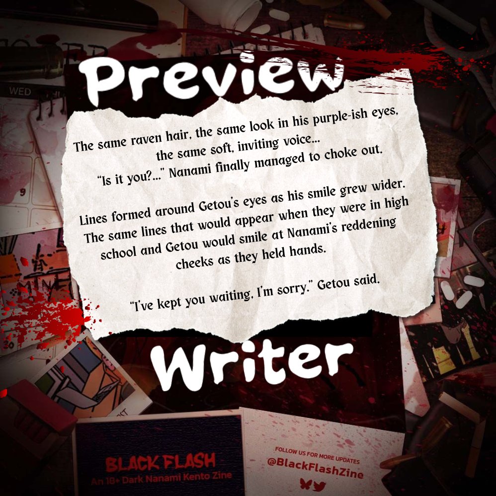 So proud to be a part of this amazingly dark zine 🖤 Here's a preview of the two fics of mine you'll find among all the other incredible contributions! ⚰️🕊️
#nanamikento #nanahito #getonana