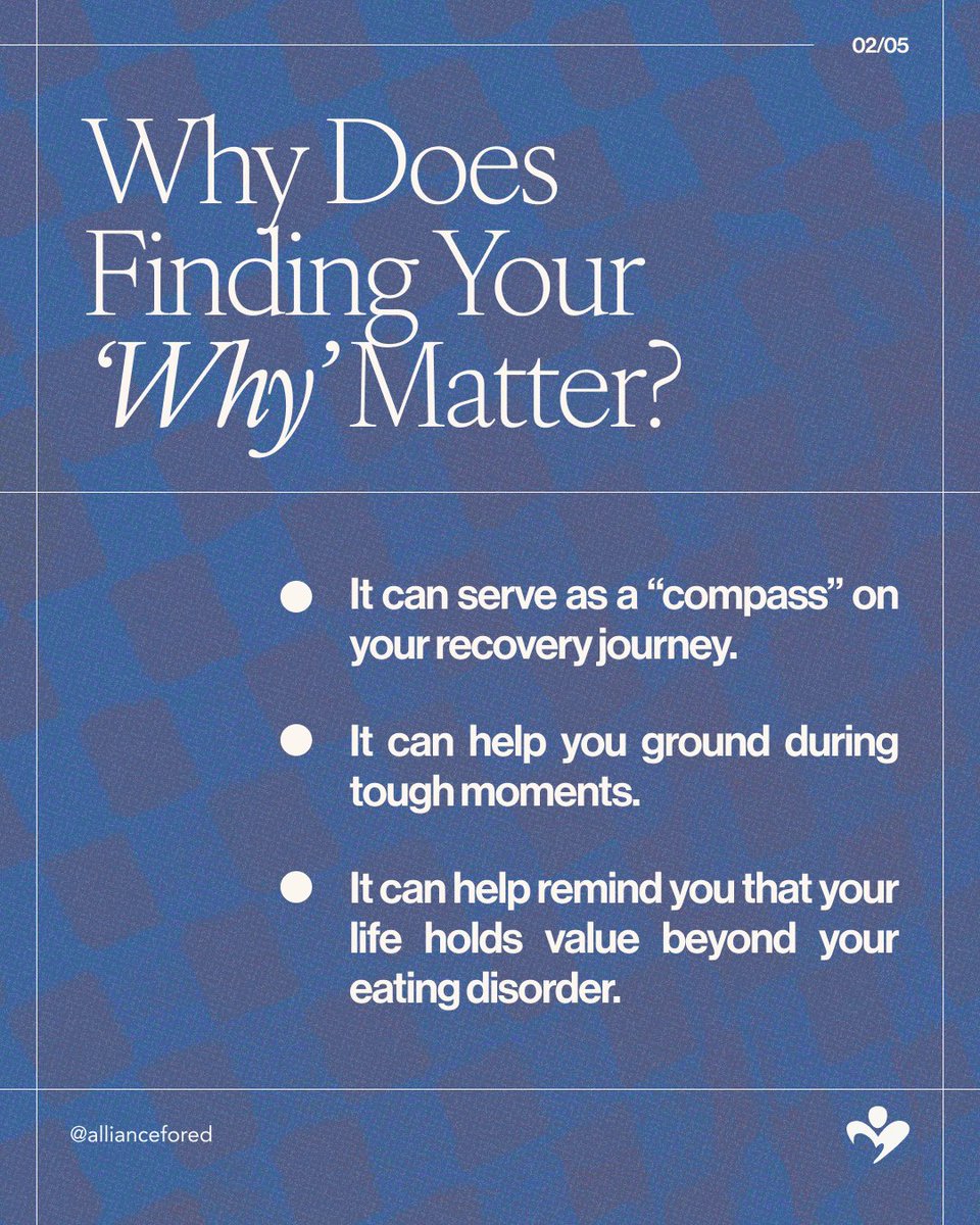 AllianceforED_'s tweet image. Recovery can be hard, but your “why” can help guide you through the toughest days. Your “why” can be big or small, personal or shared. There’s no wrong answer, only what’s true for you. Remember, you're not alone.
#RecoveryIsPossible #EatingDisorderRecovery #MentalHealthSupport