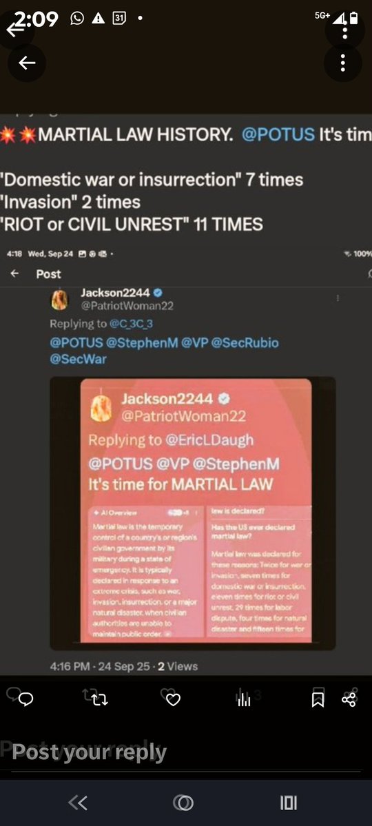 Jackson2244 (@patriotwoman22) on Twitter photo <a href="/TriciaOhio/">Tricia McLaughlin</a> It's Time. Martial LAW has been declared by Presidents over 20 times in the past๐๐ฅ๐ช. <a href="/POTUS/">President Donald J. Trump</a> <a href="/TriciaOhio/">Tricia McLaughlin</a> It's Time. Martial LAW has been declared by Presidents over 20 times in the past๐๐ฅ๐ช. <a href="/POTUS/">President Donald J. Trump</a>