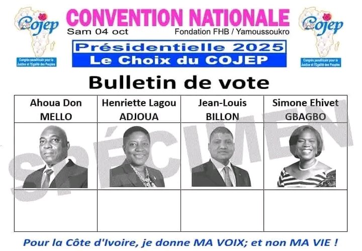COJEP :

 Le COJEP choisit Simone Ehivet Gbagbo  après des débats houleux et un vote en présence d'un huissier de justice.

Tom la souris 🕵️