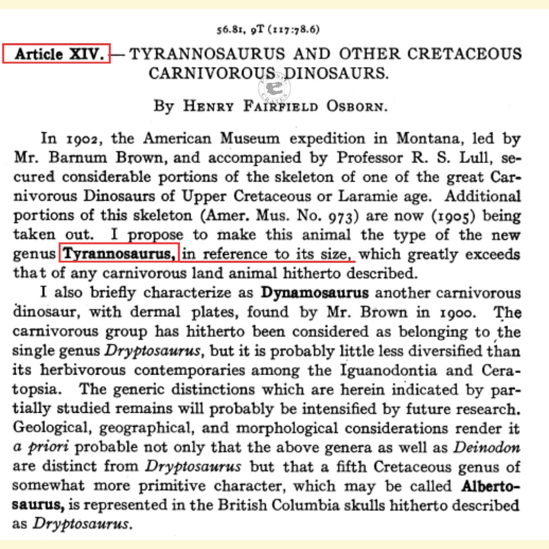 Fossilcrates's tweet image. Oct 4, 1905 Osborn’s #Tyrannosaurus paper appears on AMNH 973
Oct 4, 1997 “Sue” the aptly named #Trex was sold. Considering most places have The King named on Oct 5th, twas it a coincidence? It was a Sat. after all
Happy 120th (66,000,120 ;-)) CM 9380 holotype!
#FossilCrates