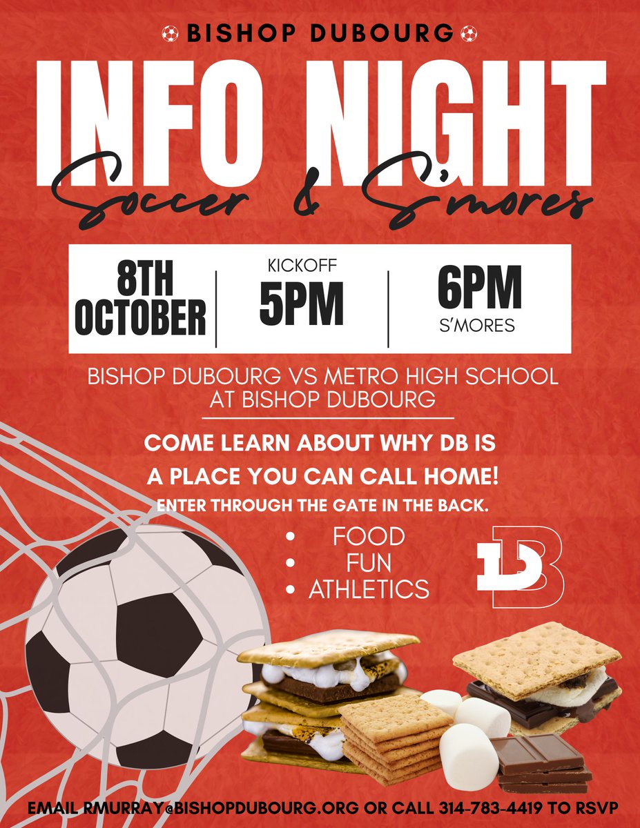 Do you want to come and learn why "It's a Great Day to be a CAVALIER"?  Come to our info night for soccer, s'mores, tours and fun!  Kickoff is at 5pm!  For questions or to RSVP email rmurray@bishopdubourg.org.