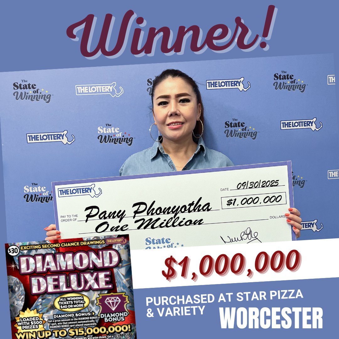 MAStateLottery's tweet photo. Plans on helping her family and starting a small business with her winnings 😍
Playing Diamond Deluxe ($30)
Recent winners > https://t.co/lhoYrAW7FA
#MassLottery
#Lottery
#ScratchTicket
#InstantTicket
#Winner
#SecondChance
#Worcester
#Massachusetts https://t.co/xC8DXN9fHG