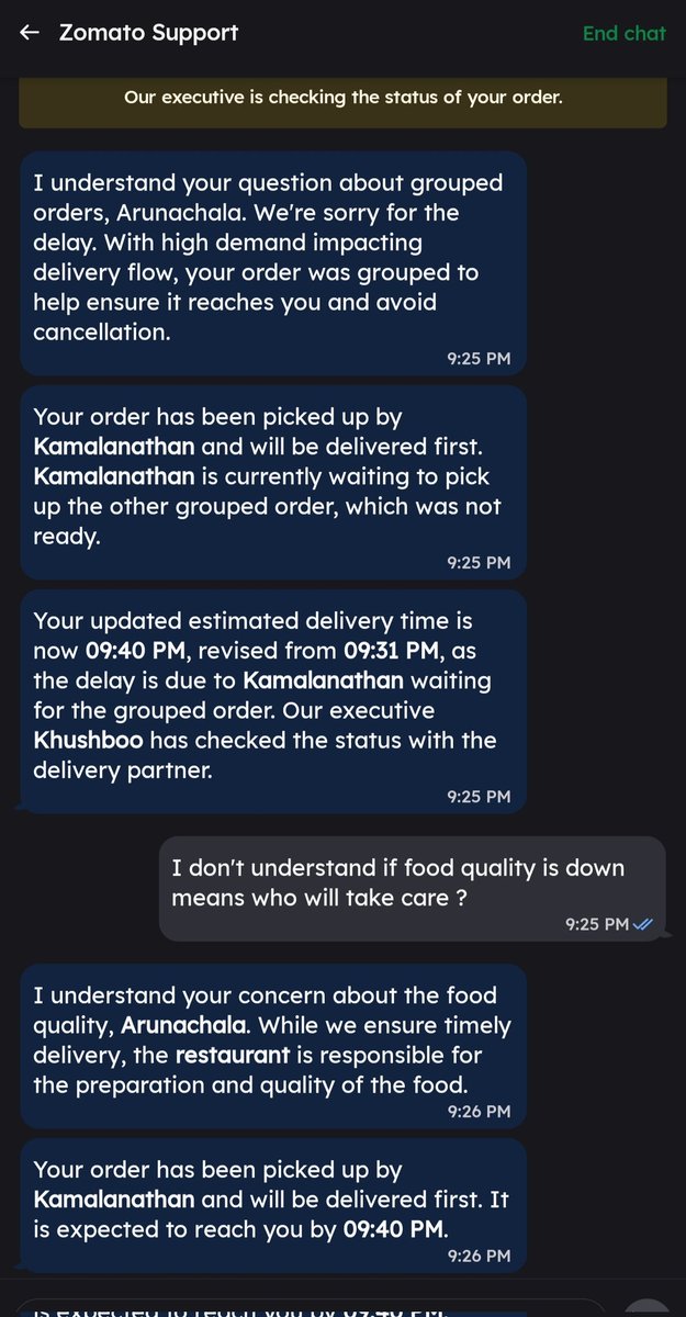 AG_ramanan's tweet photo. Hey @zomato,@zomatocare this is really frustrating 😤 My order was supposed to be delivered in 30 mins, but it’s now grouped with another one and delayed by another 30 mins! Why should I wait because of someone else’s order? Attaching the chat screenshot for reference. #Zomato https://t.co/Zg06OiZPqy