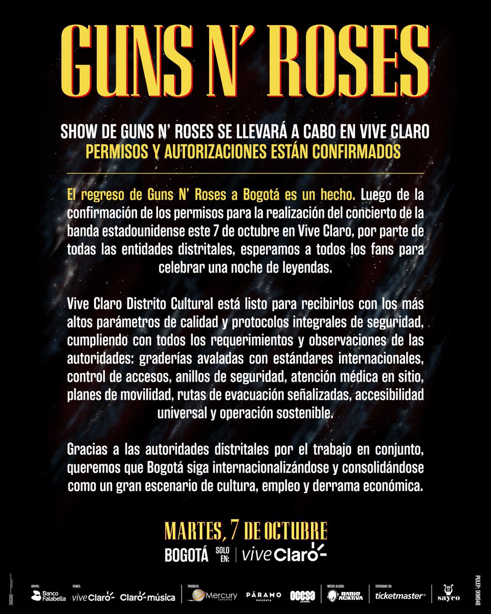 Rockaxis_CO's tweet photo. 🚨 Si tendremos a @gunsnroses en Bogotá 🚨

Así hace minutos nos lo comunicaron en sus redes sociales @paramopresenta quienes son responsables por el show.

Estaremos atentos a las novedades y noticias sobre el show y el venue @viveclaro_co . https://t.co/1ztCAbsi1G