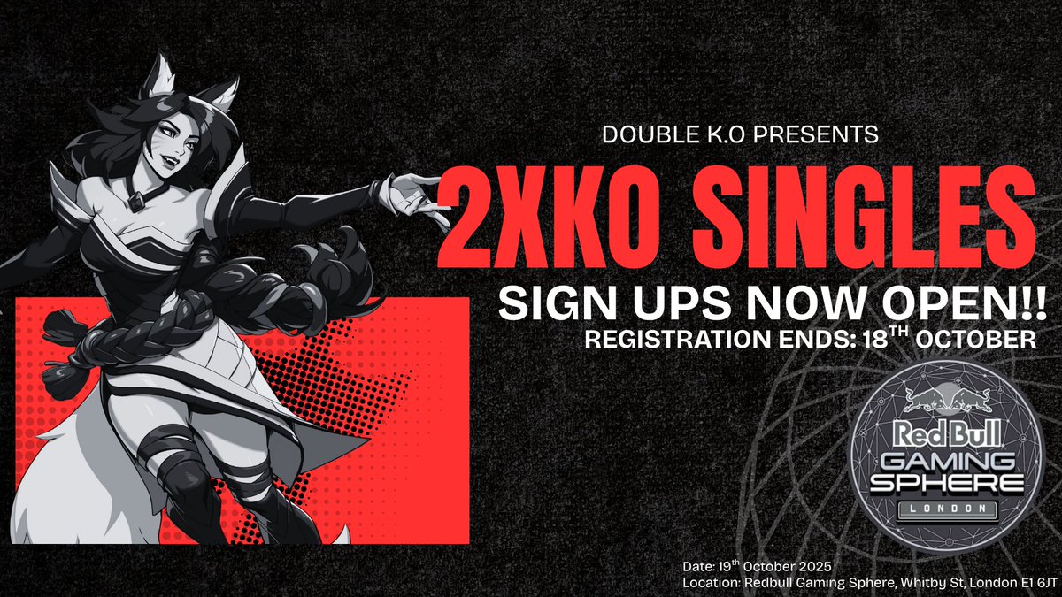 And it's not just Tekken - this iteration of DOUBLE K.O will have 2XKO run by both myself &amp; <a href="/AsuraDX/">RIZE | Asura 🇵🇸</a>!   

➡️32 Man Bracket with the ability to increase
➡️£250+ Prize Pool if capped

Come down to the Red Bull Gaming Sphere to prove your worth against some of the UK's best!

🔽🔽🔽