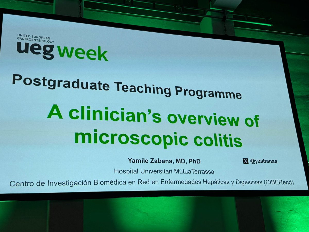 yzabanaa's tweet photo. Honoured to be part of the @UegWeek postgraduate course addressing easily overlooked cases of chronic diarrhoea, talking about #MicroscopicColitis. Clinical suspicion is mandatory! @Mutua_Terrassa https://t.co/QjuJpG94Ng