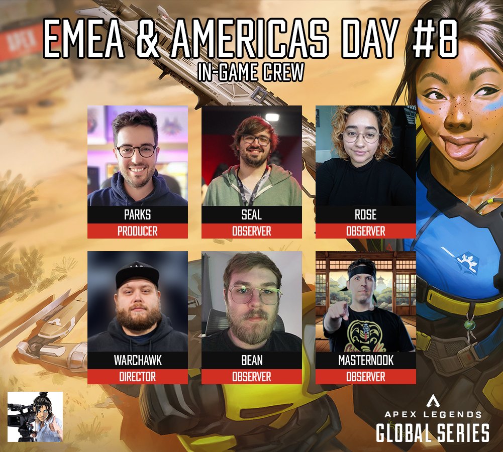 Start of the last weekend before Regional Finals. 

Your In-Game Crew for Match Day #8 of <a href="/PlayApexEsports/">Apex Legends Esports</a> #ALGS :

<a href="/__Parks/">Parks</a> 📣
<a href="/Warchawk/">Michał Warchał</a> 🕹️

🚁/ 🎥
<a href="/mastern00k/">MasTeRnoOk</a> 
<a href="/RoseCG_/">Rose!!!!</a> 
<a href="/TheSealTV/">Seal</a> 
<a href="/_YBEAN/">bean</a> 

🌪️