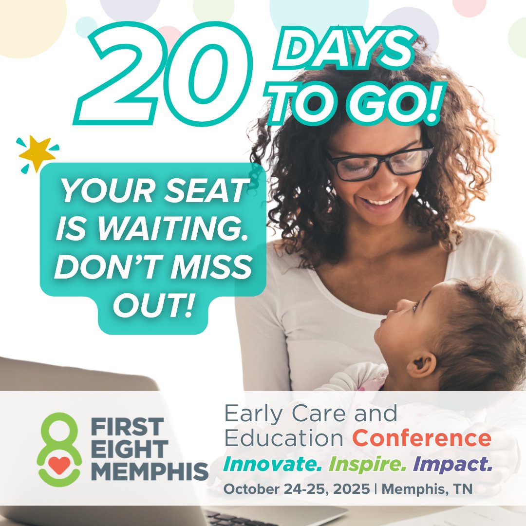 First 8 Memphis (@first8memphis) on Twitter photo Only 20 days until Memphis becomes the hub for early care & education! 🙌
Join us October 24–25 to learn, connect, and spark change for our youngest learners.
🌟 Let’s innovate, inspire, and impact—together. Register now ➡️ bit.ly/F8MConference Only 20 days until Memphis becomes the hub for early care & education! 🙌
Join us October 24–25 to learn, connect, and spark change for our youngest learners.
🌟 Let’s innovate, inspire, and impact—together. Register now ➡️ bit.ly/F8MConference